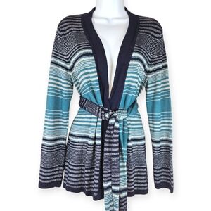 Talbots navy teal blue silver gray striped sweater & scarf set Womens Medium